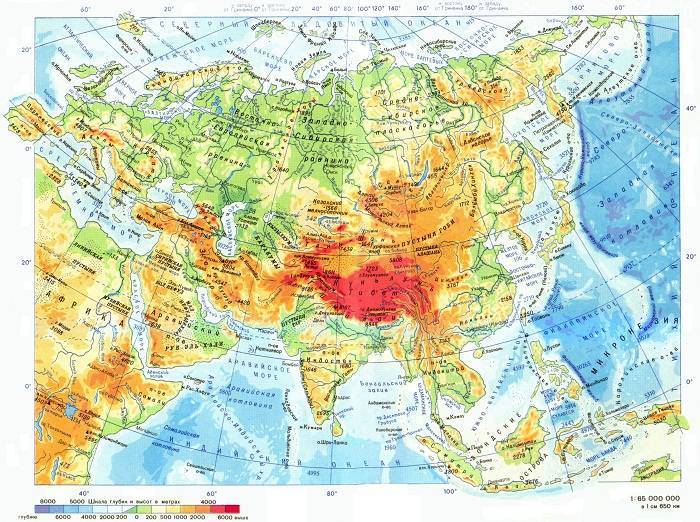 Подробная физическая (географическая) карта Азии на русском языке.